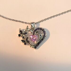 Butterfly Heart-shaped Necklace with Amethyst Stones and Chain